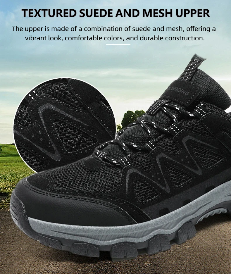 Work athletic shoes – Arch support, wide toe box, breathable, lightweight, non-slip, designed for mountaineering and outdoor activities.